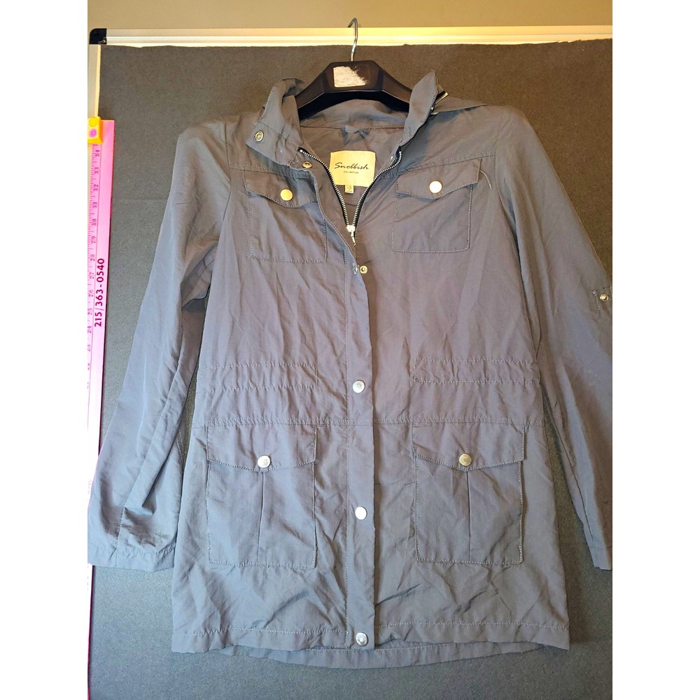 Snobbish Women's Hooded Jacket Button/Zip Stand Collar Nylon Mid-Length Gray L